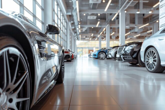 Image d'illustration. Différentes voitures de luxe dans un concession automobile