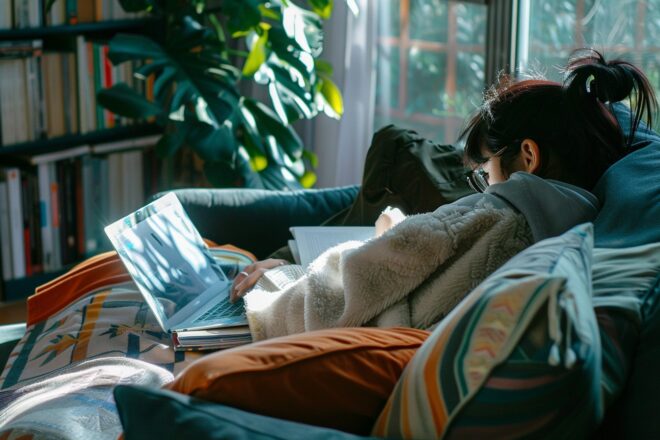 Image d'illustration. Une étudiante révise dans son salon