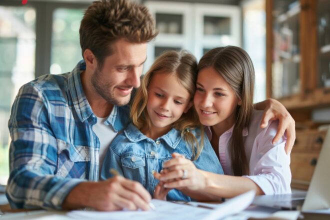Image d'illustration. Famille travaillant sur une table avec ordinateur