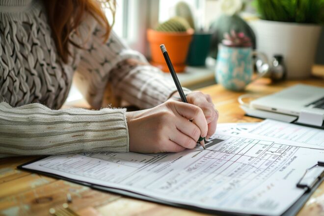 Image d'illustration. Une femme remplit un document papier