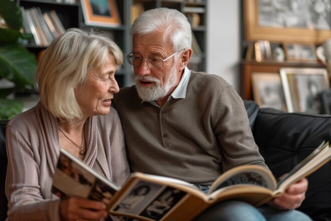 Image d'illustration. Un couple de sénior discutent sur un canapé
