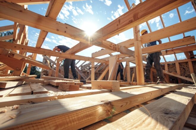 Image d'illustration. Des ouvriers travaillent sur la charpente du chantier d'une maison neuve.