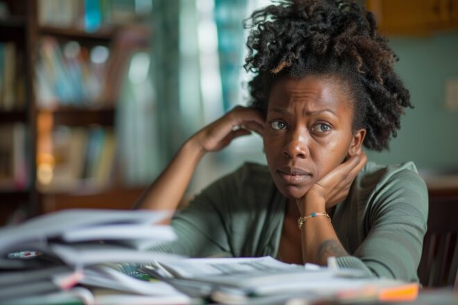 Image d'illustration. Une femme inquiète de son trop perçu CAF