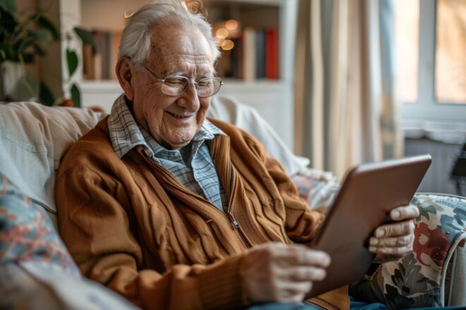 Image d'illustration. Un senior l'air joyeux en regardant sa tablette