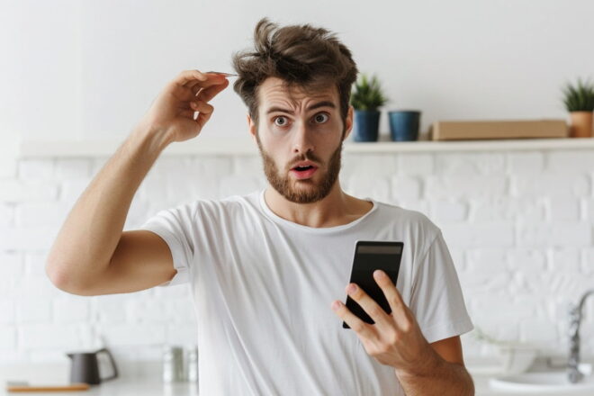 Image d'illustration. Homme smartphone téléphone surprise