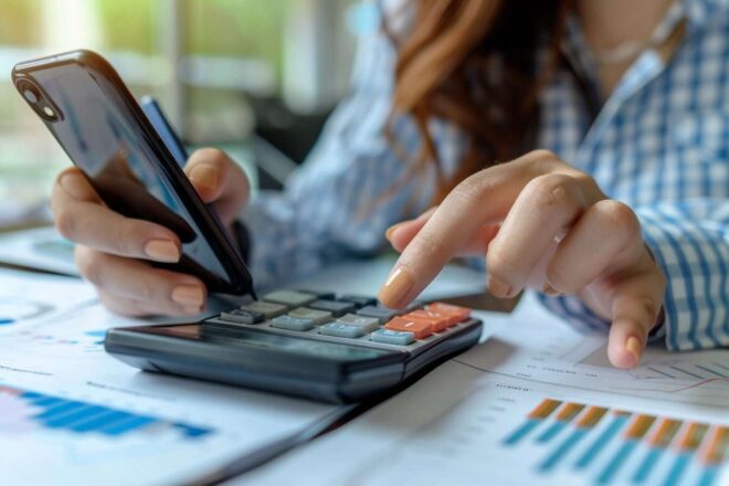 Image d'illustration. Calcules téléphone à la main