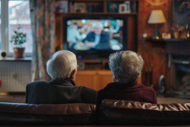 Un couple de retraités sur un canapé regardant la tv