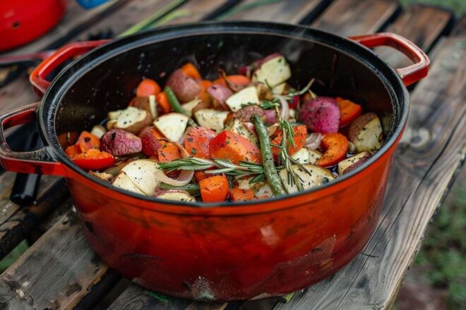 Image d'illustration. Marmite en fonte avec légumes colorés sur table rustique