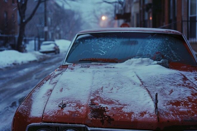 Image d'illustration. Voiture garée dans la neige, pare-brise givré.
