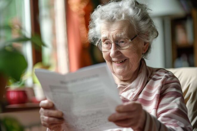 Image d'illustration. Une sénior heureuse de recevoir une bonne nouvelle par courrier.