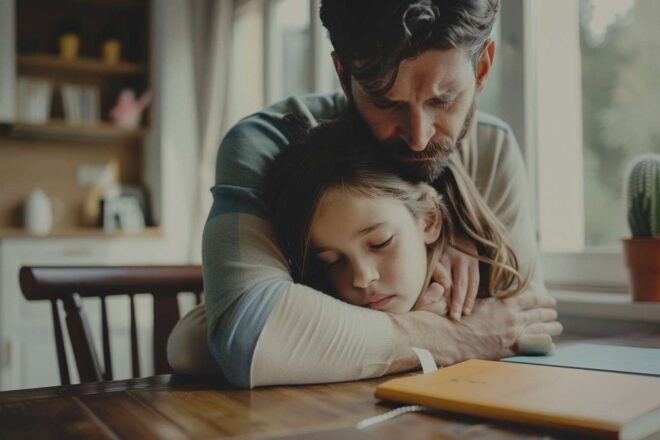 Image d'illustration. Un père réconfortant son enfant.