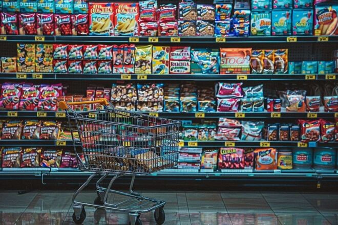 Image d'illustration. Chariot de courses devant un assortiment coloré de boîtes de céréales en magasin.