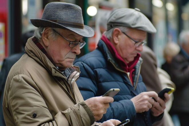 Image d'illustration. Des seniors consultent leurs téléphones dans la rue