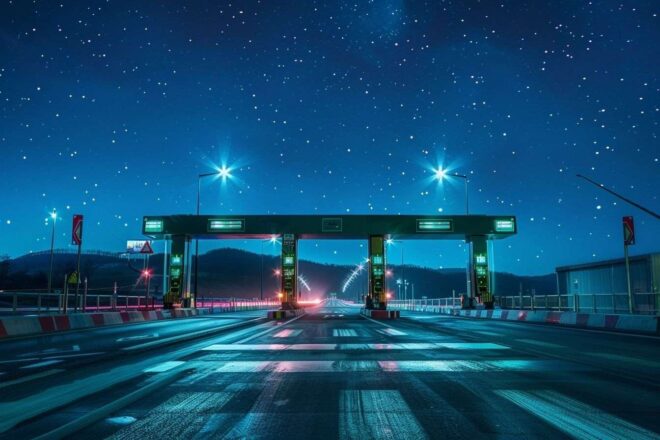 Image d'illustration. Scène de nuit de péages illuminés sur une autoroute