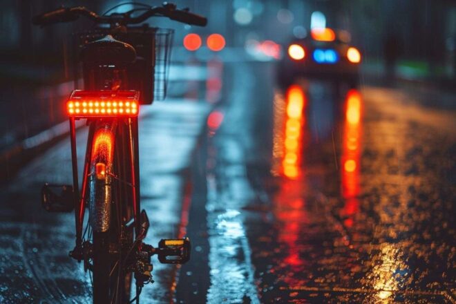 Image d'illustration. Vue arrière d un vélo avec lumières led