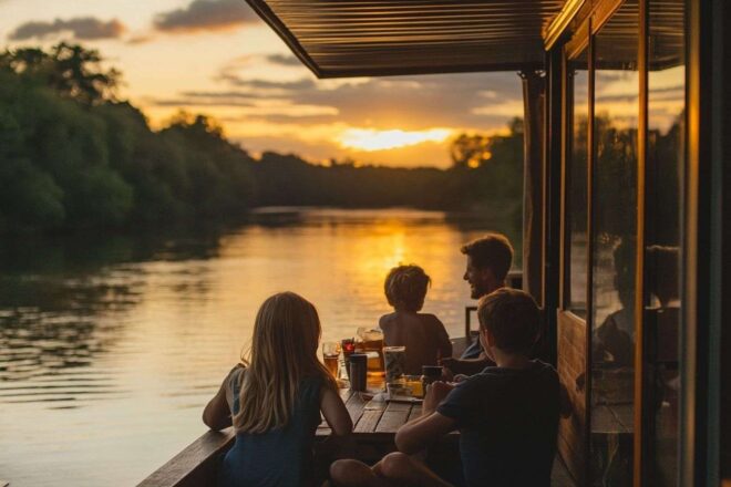 Image d'illustration. Péniche rivière apéritif famille soleil