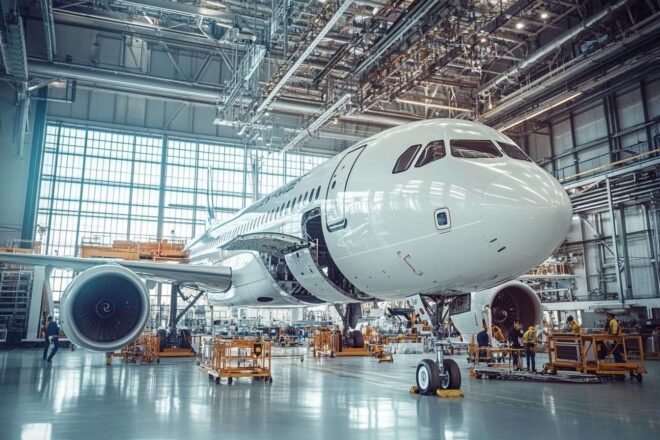 Image d'illustration. Assemblage d un airbus en hangar moderne