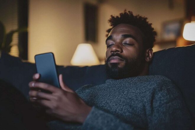 Image d'illustration. Homme sur canapé avec téléphone à la main