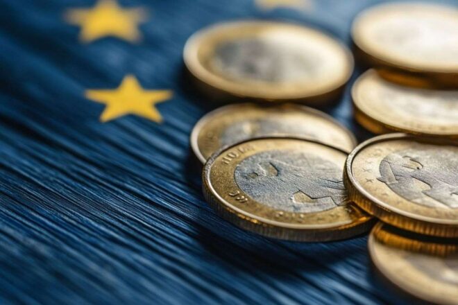 Poignée de pièces en euros sur une table en bois