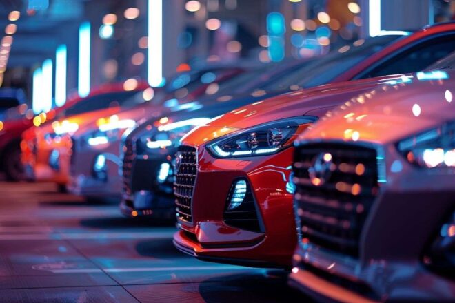 Image d'illustration. Voitures neuves sous lumières de concessionnaire