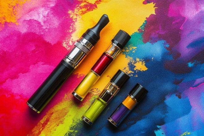 Image d'illustration. Arrangement artistique e cigarette et cartouches de saveurs