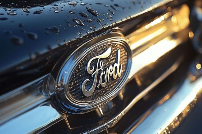 Le logo Ford affiché sur le capot d'une voiture classique, étincelant sous le soleil.