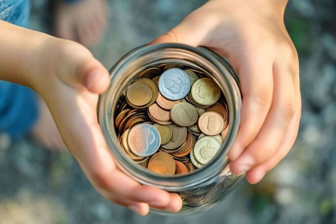 Image d'illustration. Mains tendues vers un pot de dons plein de pièces