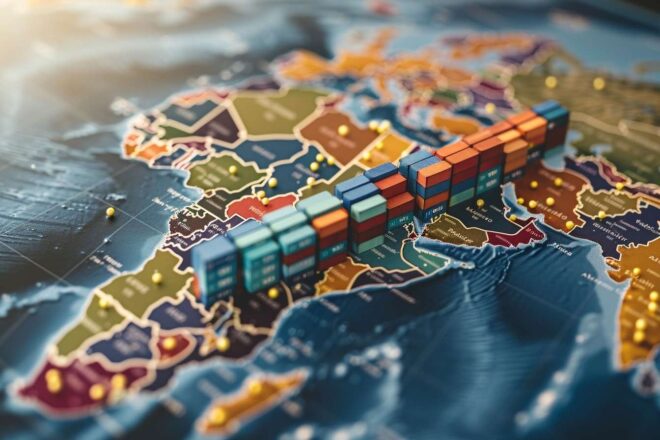 Image d'illustration. Une carte du commerce mondial mettant en évidence les principaux pays impliqués dans des négociations et des différends économiques potentiels.
