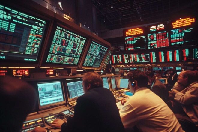 Scène animée de la bourse avec des traders fixant des écrans montrant les mouvements de l'indice CAC.