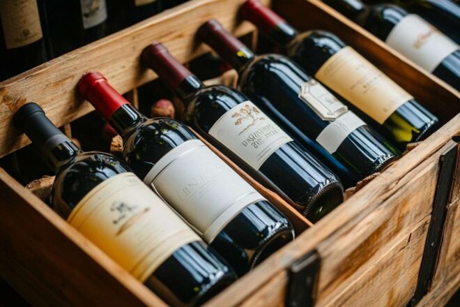 Une caisse de vin ouverte révélant une sélection de vins rouges et blancs, avec un éclairage doux qui améliore la scène.