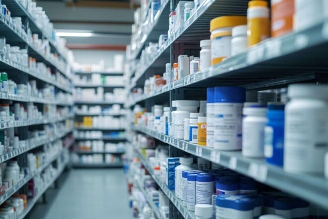 Étagères de laboratoire remplies de divers médicaments, illustrant leur disponibilité sous le nouveau décret.