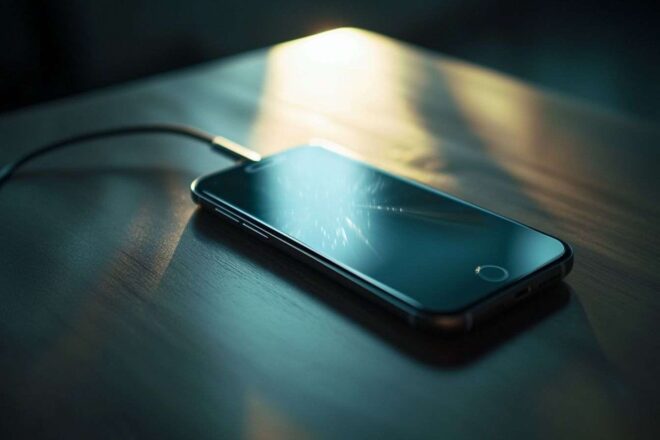 Gros plan d un smartphone connecté à un chargeur