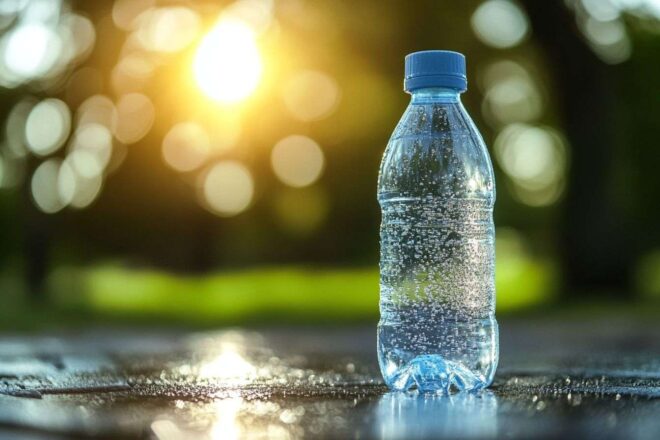 Image en gros plan d'une bouteille d'eau au frais, la condensation scintille sous le soleil d'été, idéale pour la course.