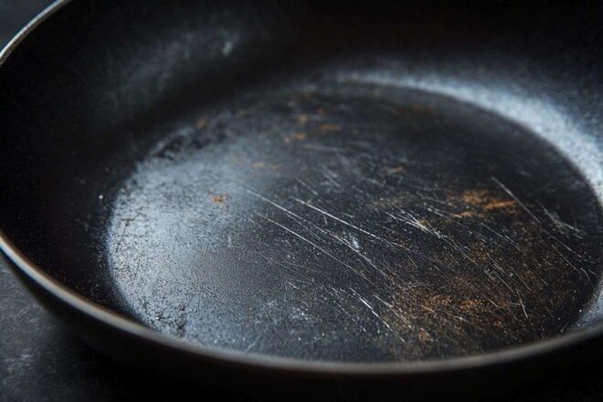Gros plan montrant des rayures et de l'usure sur une poêle antiadhésive.
