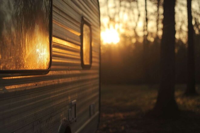 Une douce lueur émane des fenêtres de la caravane au crépuscule, projetant des ombres accueillantes sur le terrain de camping.