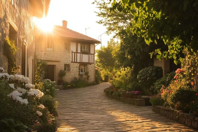 Une scène enchanteresse d'architecture traditionnelle béarnaise baignée de lumière dorée, entourée par des jardins en fleurs.