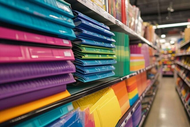 Des piles de carnets colorés et de classeurs prêts pour les achats de rentrée dans un environnement de supermarché animé.