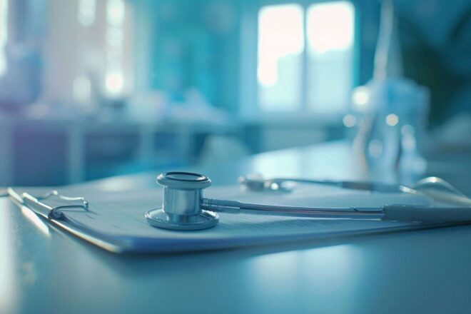 Stéthoscope et dossier médical dans un cadre de santé serein