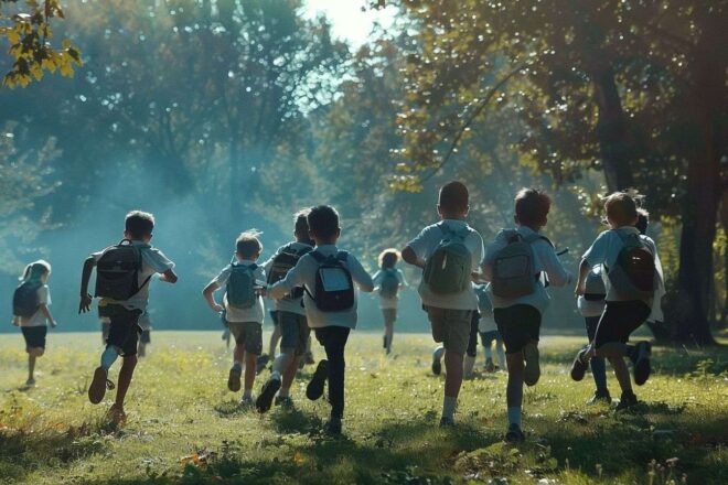 Enfants joyeux courant dans le parc ensoleillé
