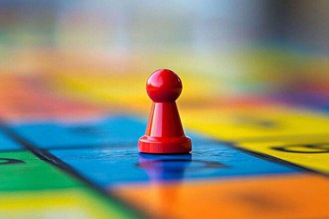 Pièce colorée de monopoly sur plateau de jeu
