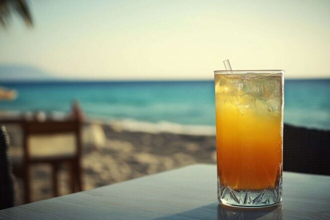 Boisson rafraîchissante sur table avec plage et mer en arrière plan