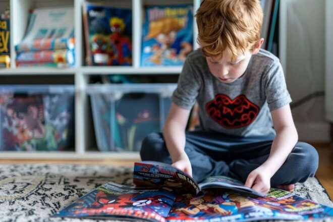Enfant de un an lisant une bande dessinée captivante