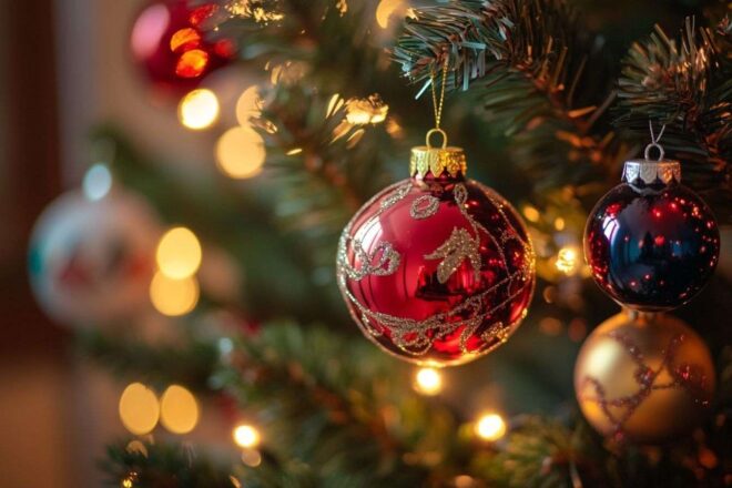 Sapin de noël décoré avec lumières scintillantes et ornements vifs