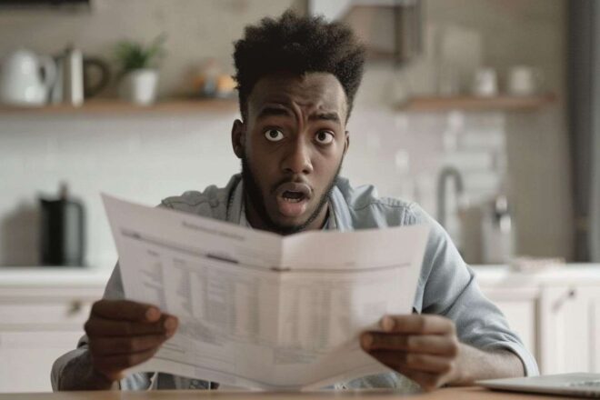 Visage choqué devant facture d énergie élevée
