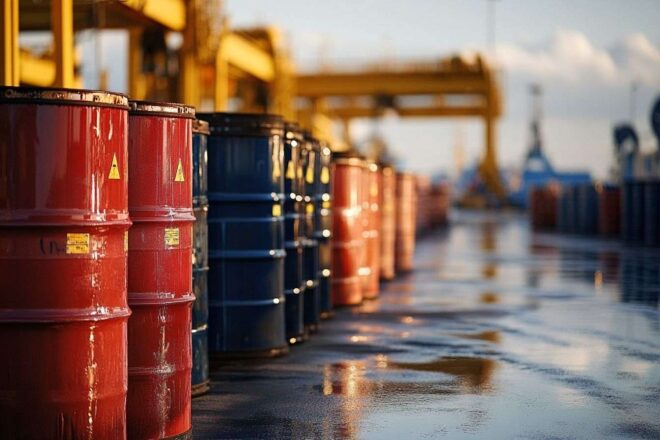 Barils de pétrole au quai de chargement
