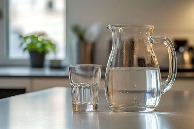 Composition minimaliste verre vide et carafe pleine