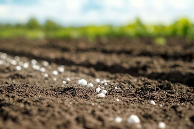 Gros plan des granulés d engrais azoté sur sol riche