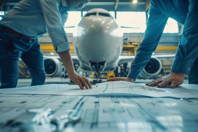 Ingénieurs examinant des plans près de fuselage airbus