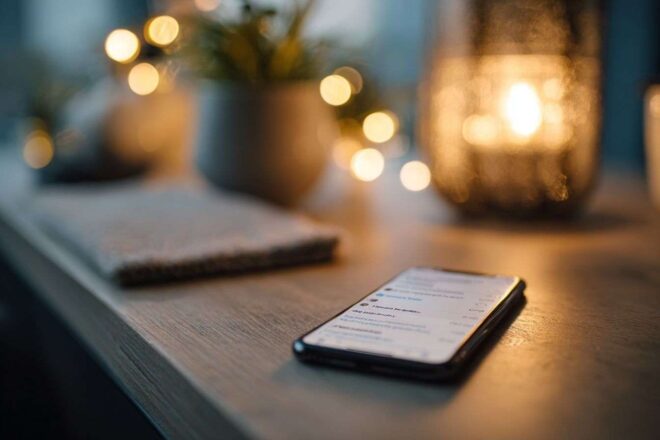 Éclairage chaleureux et smartphone moderne