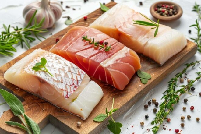 Filets de poisson sur planche en bois